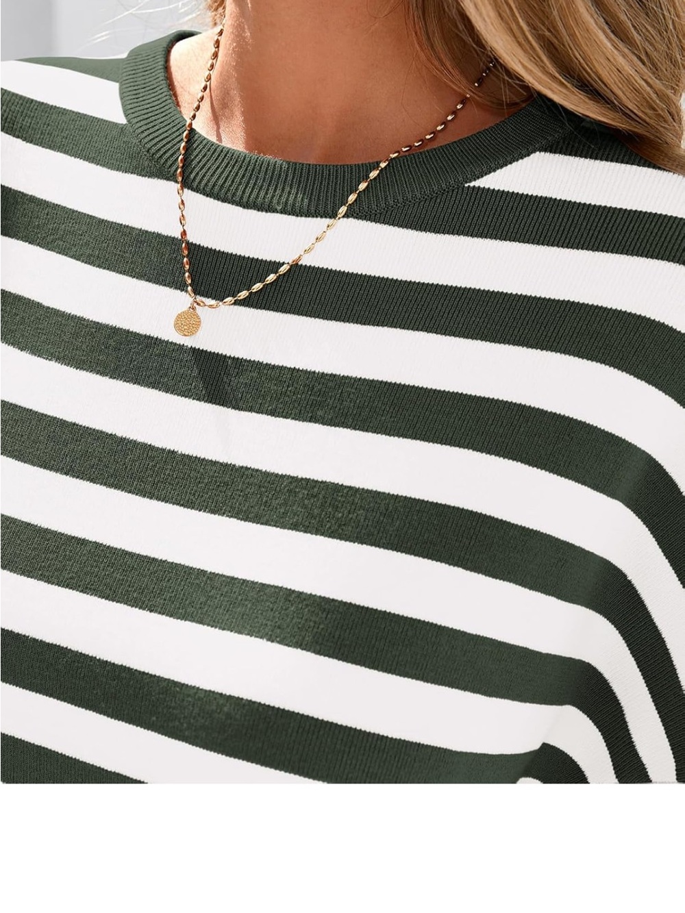 Relaxed Crewneck Striped Short-Sleeve Top - Green/White - Picture 2 of 5